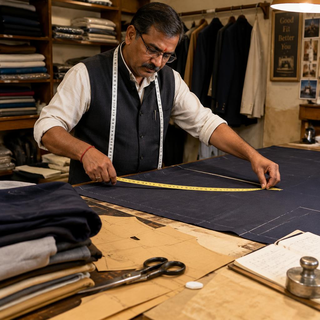 Master tailor measuring fabric at the cutting table